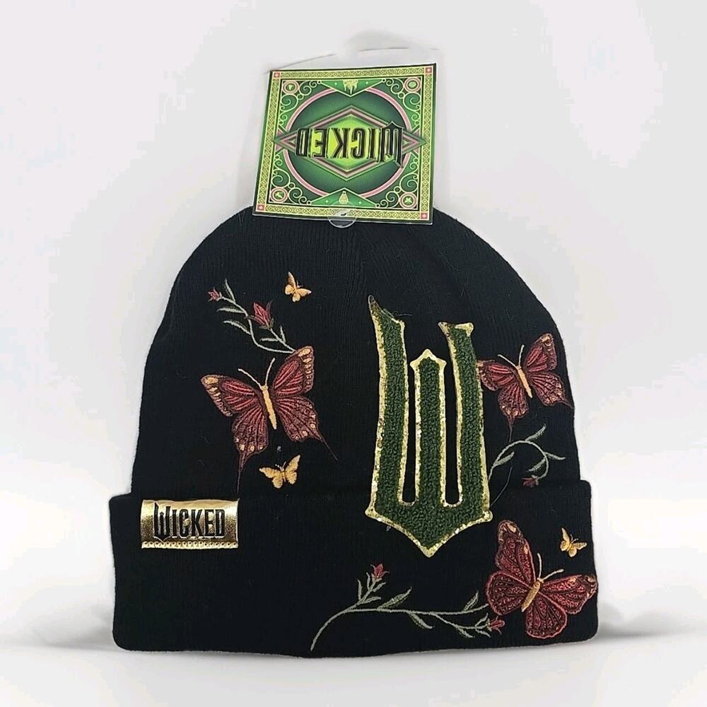 WICKED Floral and Butterfly Cuffed Knit Beanie Winter Hat Glinda Elphaba Oz NEW